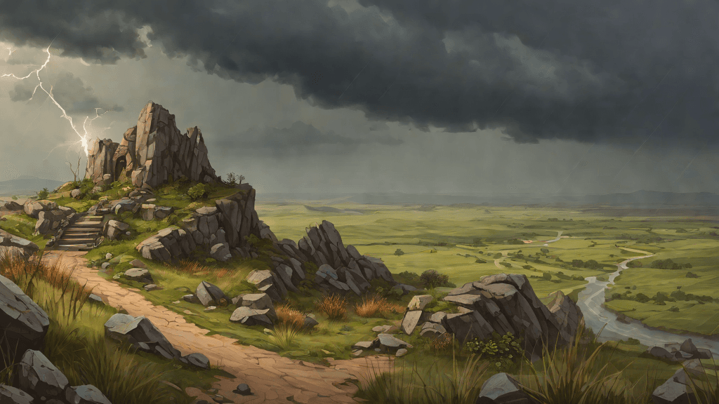 Week 12 of the pregnancy journey — The Storm Passes, Stormy highland, lightning striking a distant peak