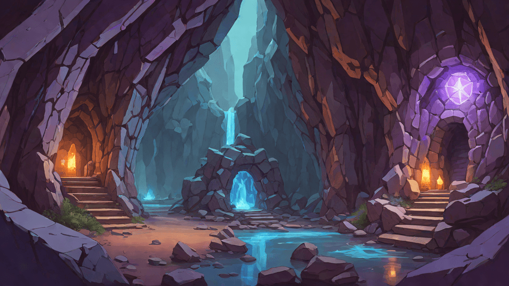 Week 15 of the pregnancy journey — Behind the Falls, A cave with a glowing teal spring and a purple-runed door