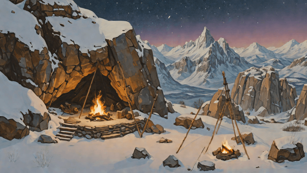 Week 22 of the pregnancy journey — Bread by the Fire, A snowy mountain camp at night, sheltered in a stone alcove