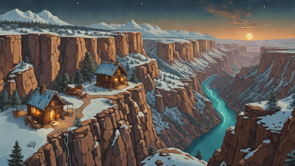 Week 24 of the pregnancy journey — The Lantern-Keeper, A cliffside village overlooking a river canyon at twilight