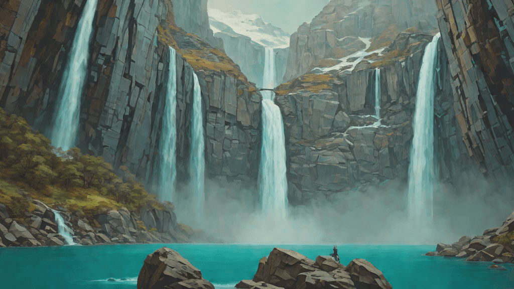 Week 26 of the pregnancy journey — The First Shadow, Multi-level waterfalls cascading from a glacier