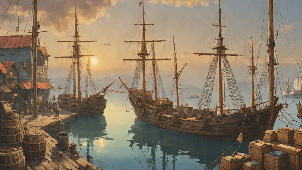 Week 32 of the pregnancy journey — The Ship That Will Carry You, The harbor docks at sunset, lined with tall ships