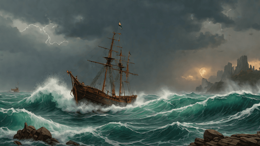 Week 38 of the pregnancy journey — The Biggest Storm, A storm-battered sea against a rocky shore
