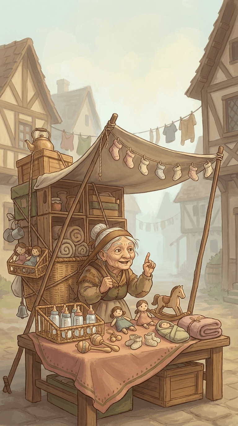 A traveling merchant at her market stall, selling her wares